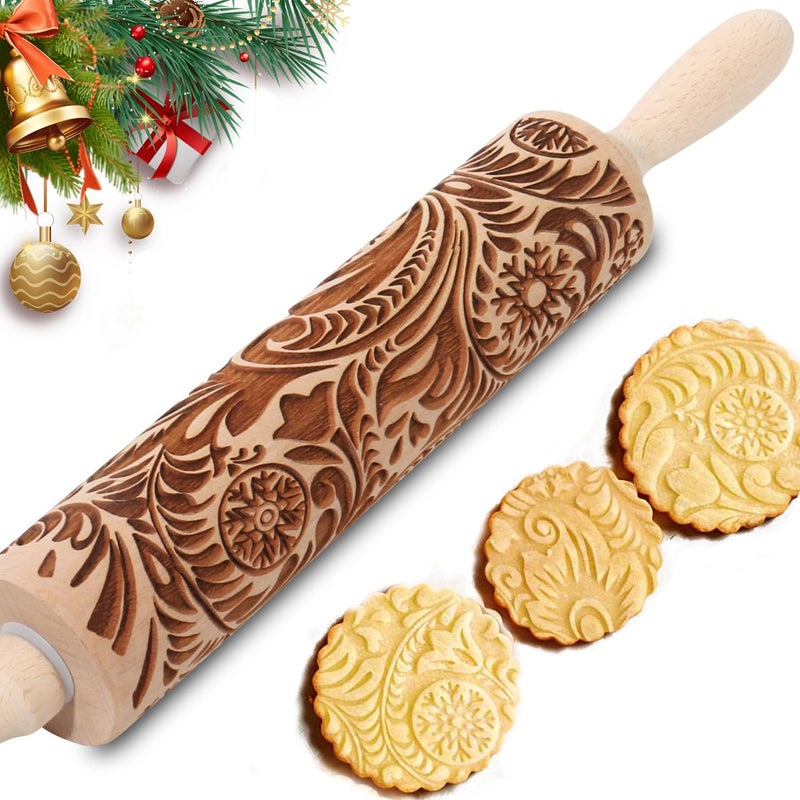 Big Role Embossed Rolling Pin for Baking Cookies Christmas Embossing Rolling Pins with Design Wooden Engraved Springerle Roller Pin Dough Patterned Clay Pottery Ceramic Bakers Women (Flower Snowflake Paisley) - Image 1